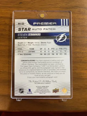 STEVEN STAMKOS, 2019 Upper Deck Premier Star Auto Patch #AS-SS, /25 back
